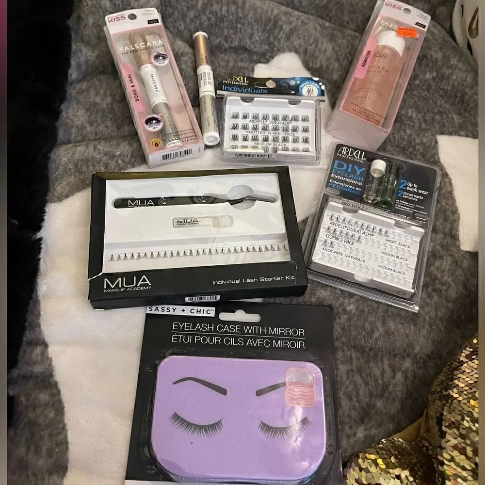 False eyelash lash extension lot + storage & flesh eyeshadow lot